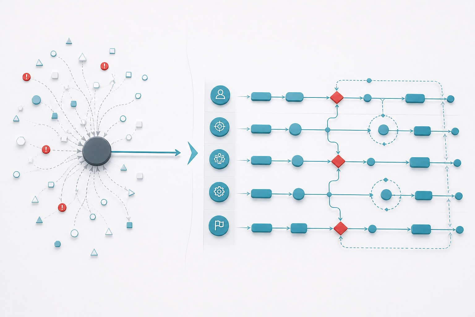 Abstract workflow diagram showing scattered inputs moving into a structured operating rhythm