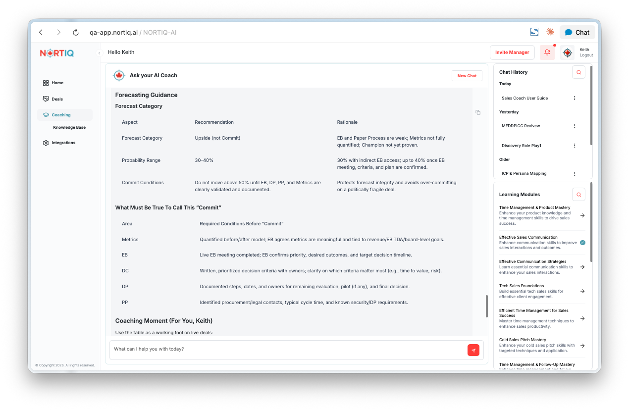 GTM OS forecasting guidance screen with recommendation and coaching context.